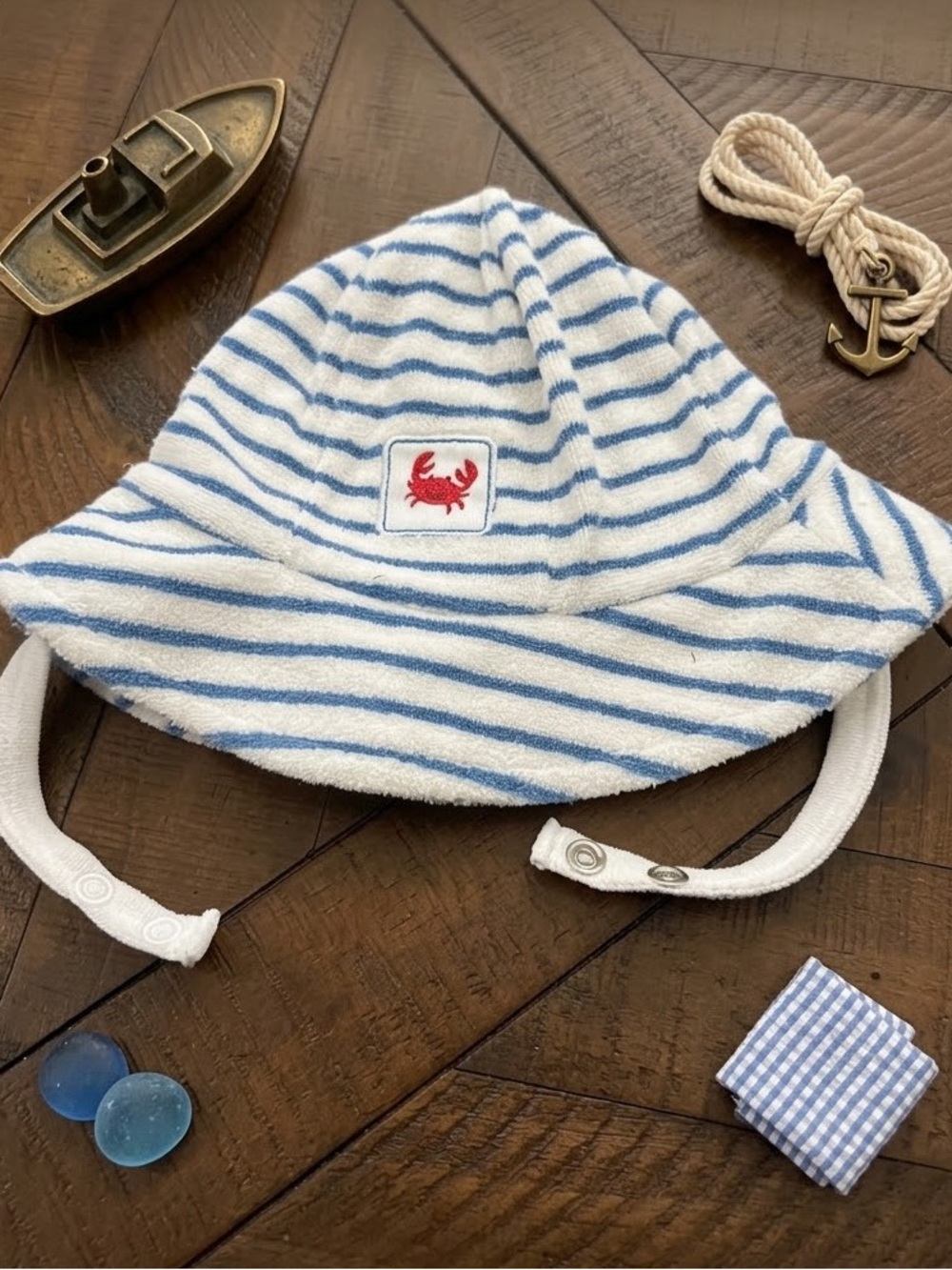 Striped Blue & White Baby Sun Hat with Red Crab Patch